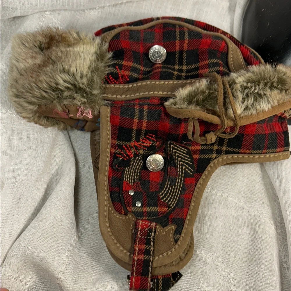 True Religion plaid winter hat with ear covers